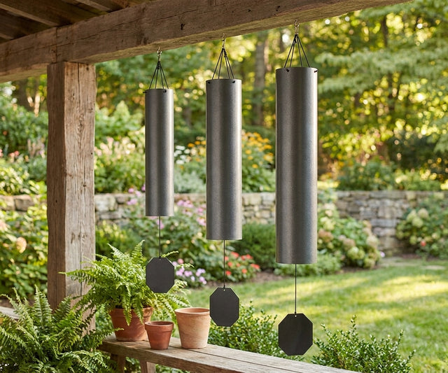 Lambright Country Chimes Bell Collection featuring the Prescott Ballad, Southern Belle, and Sarasota Sun Amish handcrafted wind bells hanging from a rustic porch beam in a garden setting