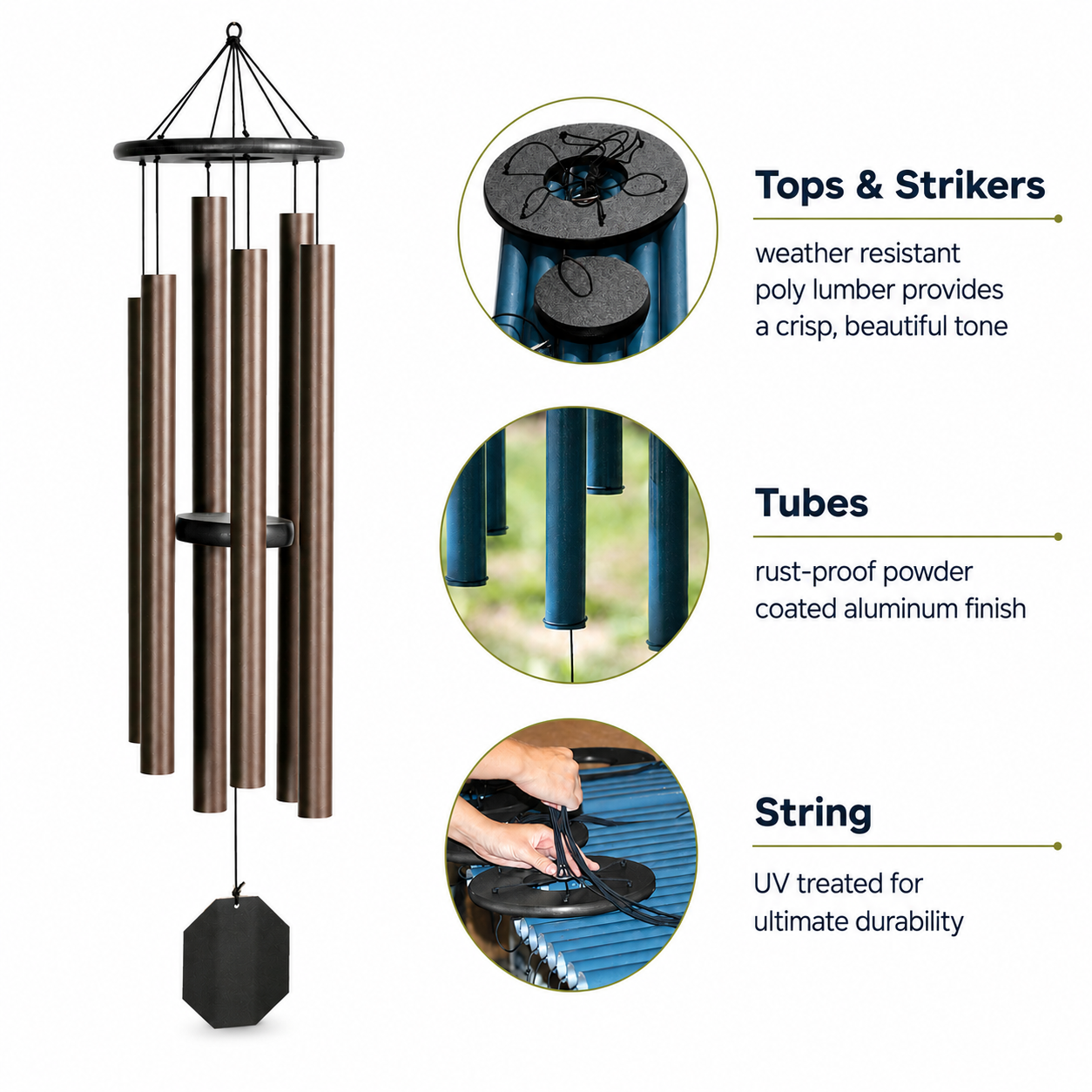 Lambright Country Chimes Amish handcrafted wind chime construction details showing poly lumber top and striker, rust-proof powder coated aluminum tubes, and UV treated string for durability