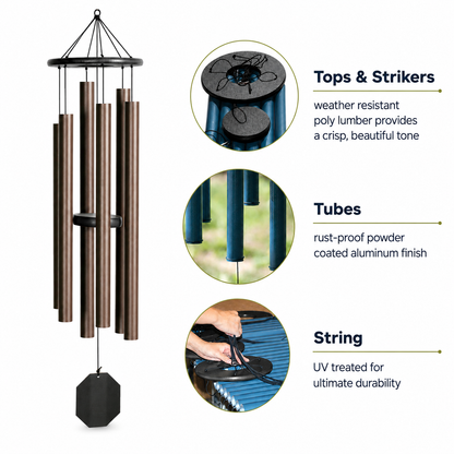 Lambright Country Chimes Amish handcrafted wind chime construction details showing poly lumber top and striker, rust-proof powder coated aluminum tubes, and UV treated string for durability