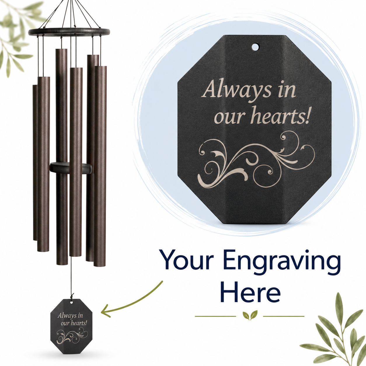 Lambright Country Chimes Amish handcrafted wind chime with custom laser engraved windsail showing Always in our hearts design with decorative flourish