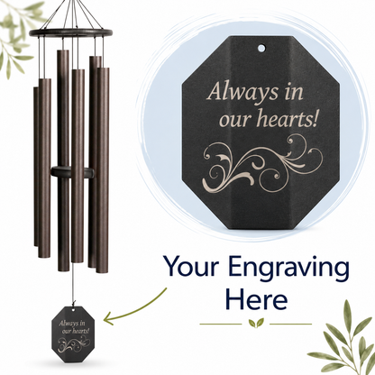 Lambright Country Chimes Amish handcrafted wind chime with custom laser engraved windsail showing Always in our hearts design with decorative flourish