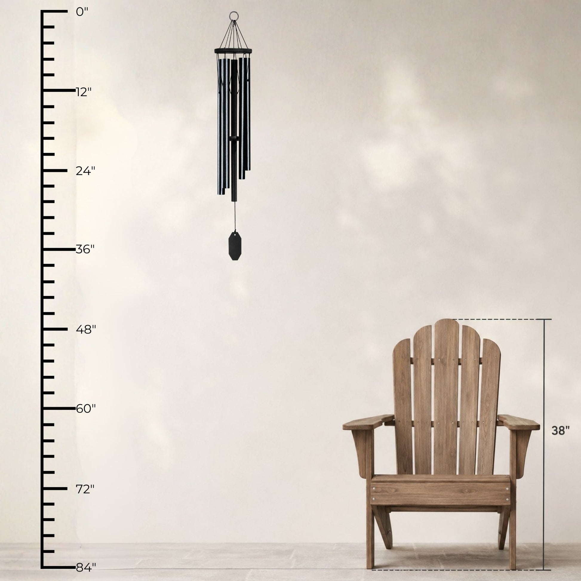 Lambright Country Chimes Zephyr Valley 37-inch Amish handcrafted wind chime shown with height ruler and Adirondack chair for scale #37" - Zephyr Valley