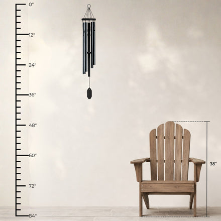 Lambright Country Chimes Zephyr Valley 37-inch Amish handcrafted wind chime shown with height ruler and Adirondack chair for scale #37" - Zephyr Valley