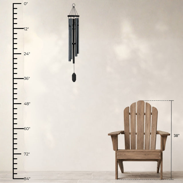 Lambright Country Chimes Zephyr Valley 37-inch Amish handcrafted wind chime shown with height ruler and Adirondack chair for scale #37" - Zephyr Valley