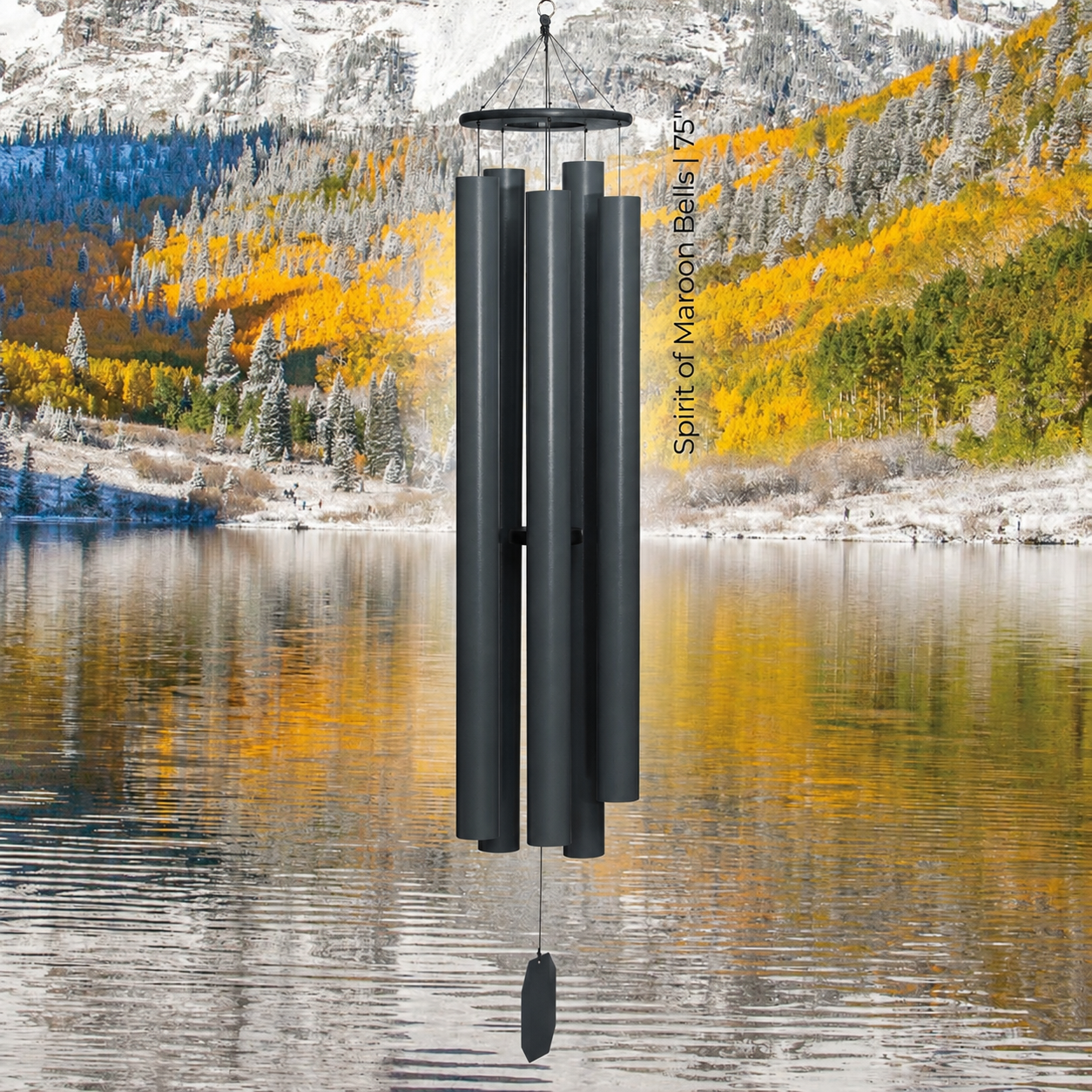 Large deep-tone silver wind chime hanging over a mountain lake with snow-covered peaks and autumn trees in the background #75" - Spirit of Maroon Bells