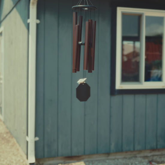 Video preview of the Biblical Bells series wind chimes, showcasing handcrafted, Amish-made chimes with a textured copper finish. These spiritually inspired instruments are hand-tuned for perfect pitch and offer a unique, historically resonant auditory experience.