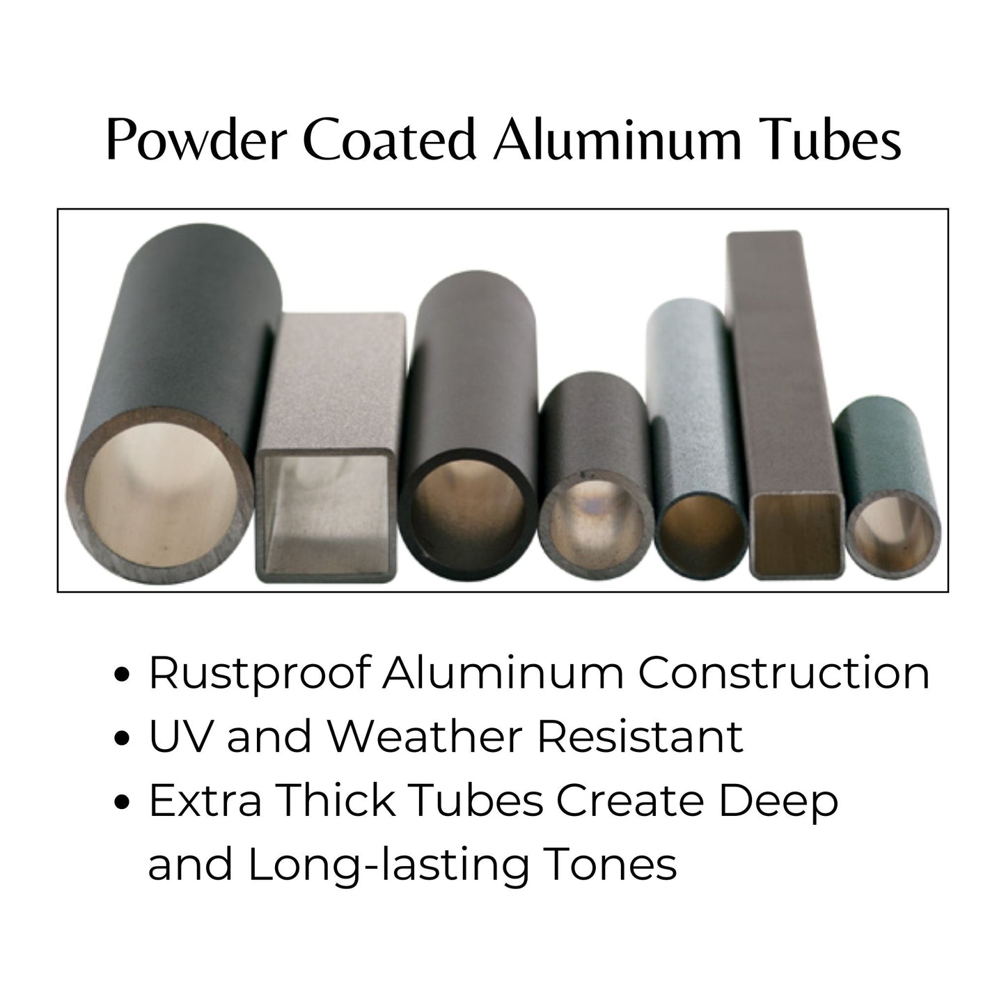 Close-up of extra-thick powder-coated aluminum wind chime tubes showcasing rustproof construction and UV-resistant finish for deep, long-lasting tones.