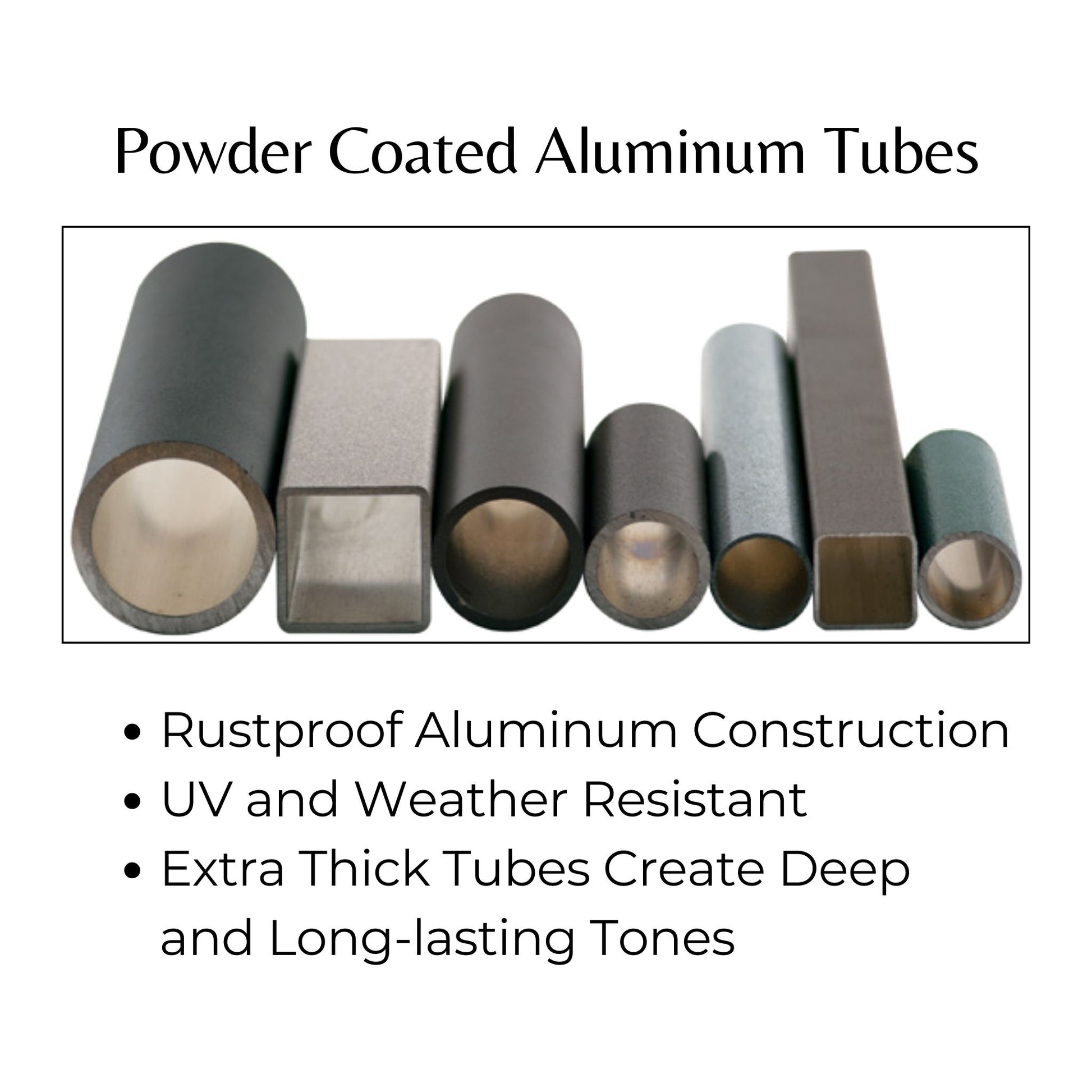 Close-up of extra-thick powder-coated aluminum wind chime tubes showcasing rustproof construction and UV-resistant finish for deep, long-lasting tones.